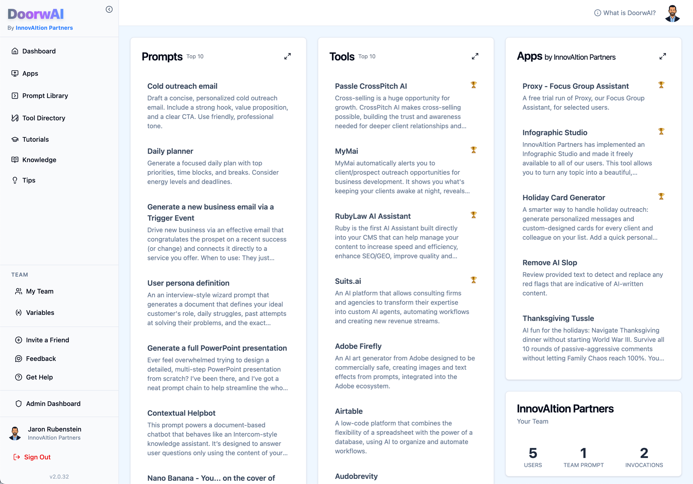 DoorwAI application interface showing prompts, tools, and apps